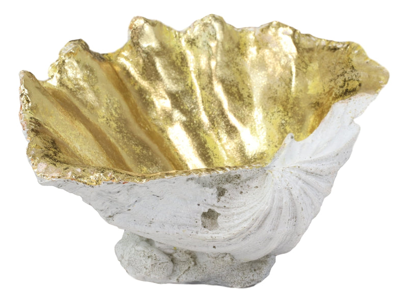 Ebros 10" L Golden Nautical Giant Clam Shell Jewelry Dish Bowl Holder Statue