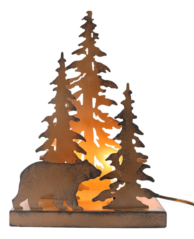 Ebros Metal Art Rustic Forest Black Bear By Pine Trees Night Light Lamp Sculpture
