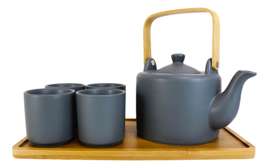 Matte Black Modern Ceramic 28oz Tea Pot With 4 Cups And Bamboo Serving Tray Set