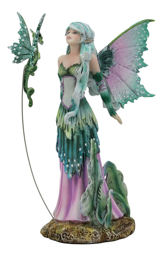 Ebros Amy Brown Discovery Enchanted Elf Fairy FAE Damsel with Green Pixie Dragon Statue 8" Tall Fantasy Mythical Faery Garden Magic Collectible Figurine Fairies Pixies Nymphs Decor