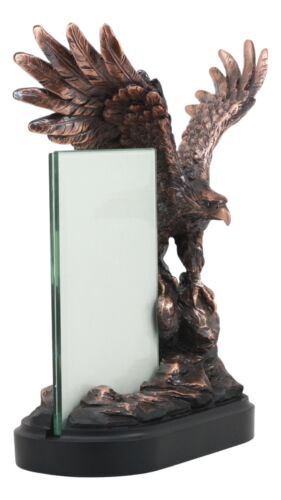 Ebros Patriotic American Bald Eagle with Outspread Wings Perching on Cliff Rock Picture Frame Bronze Electroplated Figurine with Base Resin Photo Frame Eagle Statue