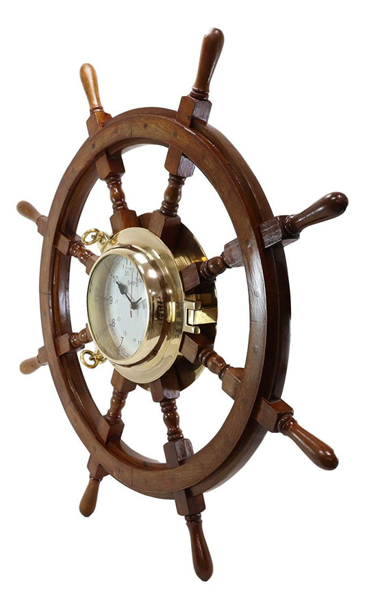 33.25"W Nautical Rustic Wood and Brass Ship Steering Helm Wheel Wall Clock Decor - Ebros Gift