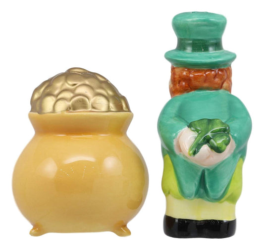 Luck Of The Irish Leprechaun Kissing Pot Of Gold Ceramic Salt Pepper Shakers Set - Ebros Gift
