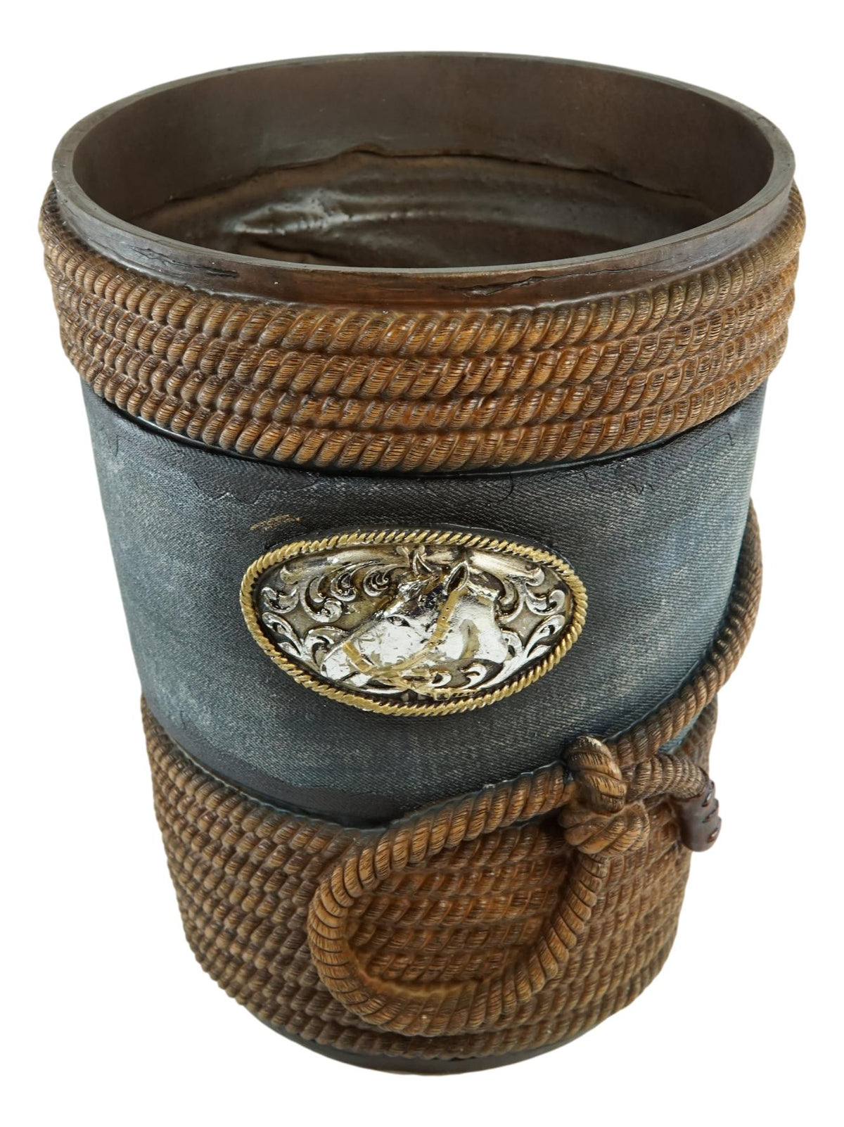 Rustic Western Cowboy Ropes Horse Concho W/ Denim Finish Waste Basket Trash Bin
