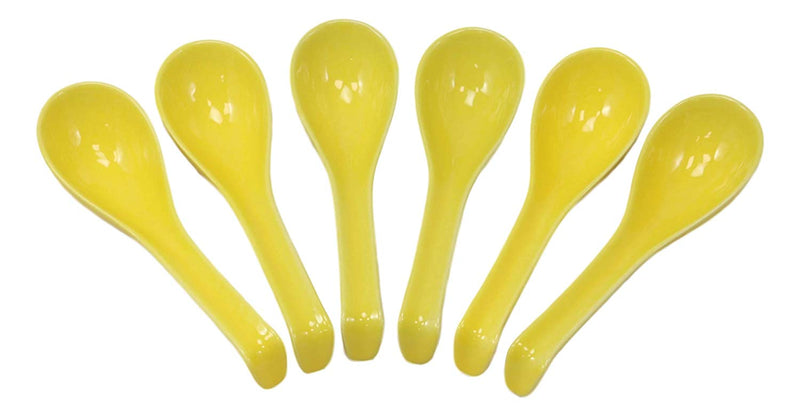 Ebros Japanese Modern Porcelain Soup Spoons With Ladle Hook Pack Of 6 (Yellow)