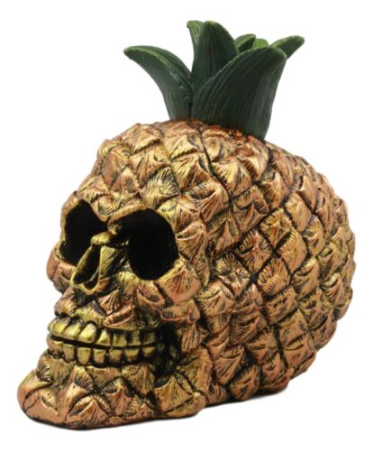 Hawaiian Tropical Pineapple Golden Skull Figurine 6"Tall Fruity Skeleton Head