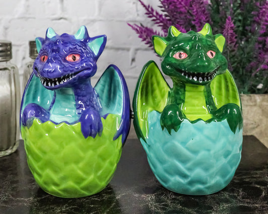 Green And Blue Dragon Hatchlings In Half Cracked Eggs Salt Pepper Shakers Set - Ebros Gift