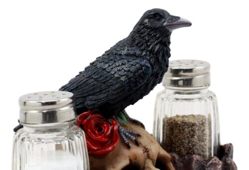 Ebros Day Of The Dead Raven Crow With Rose Skull Salt & Pepper Shakers Holder Figurine Set 6.5"L