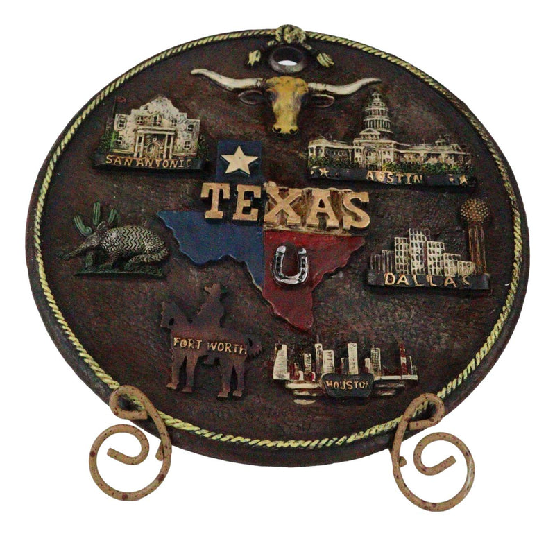 Western Texas State Map Houston Dallas Austin City Landmarks Wall Or Desk Plate