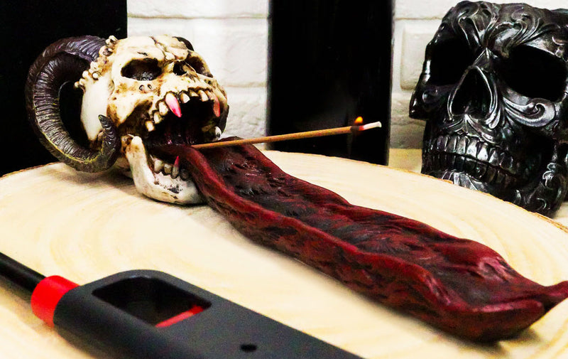 Ebros Goth Vampire Fanged Ram Horned Skull Demon Tongue Incense Stick Holder Figurine