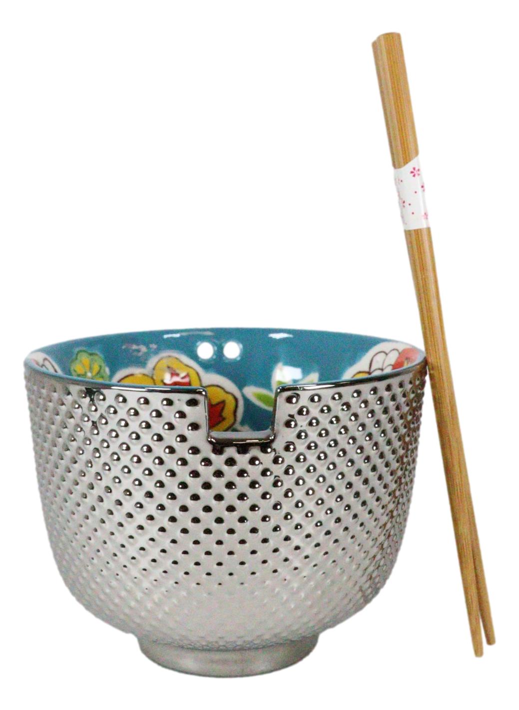 Set of 3 Luxury Ottoman Silver Plated Ramen Bowls Chopsticks Turquoise Flowers