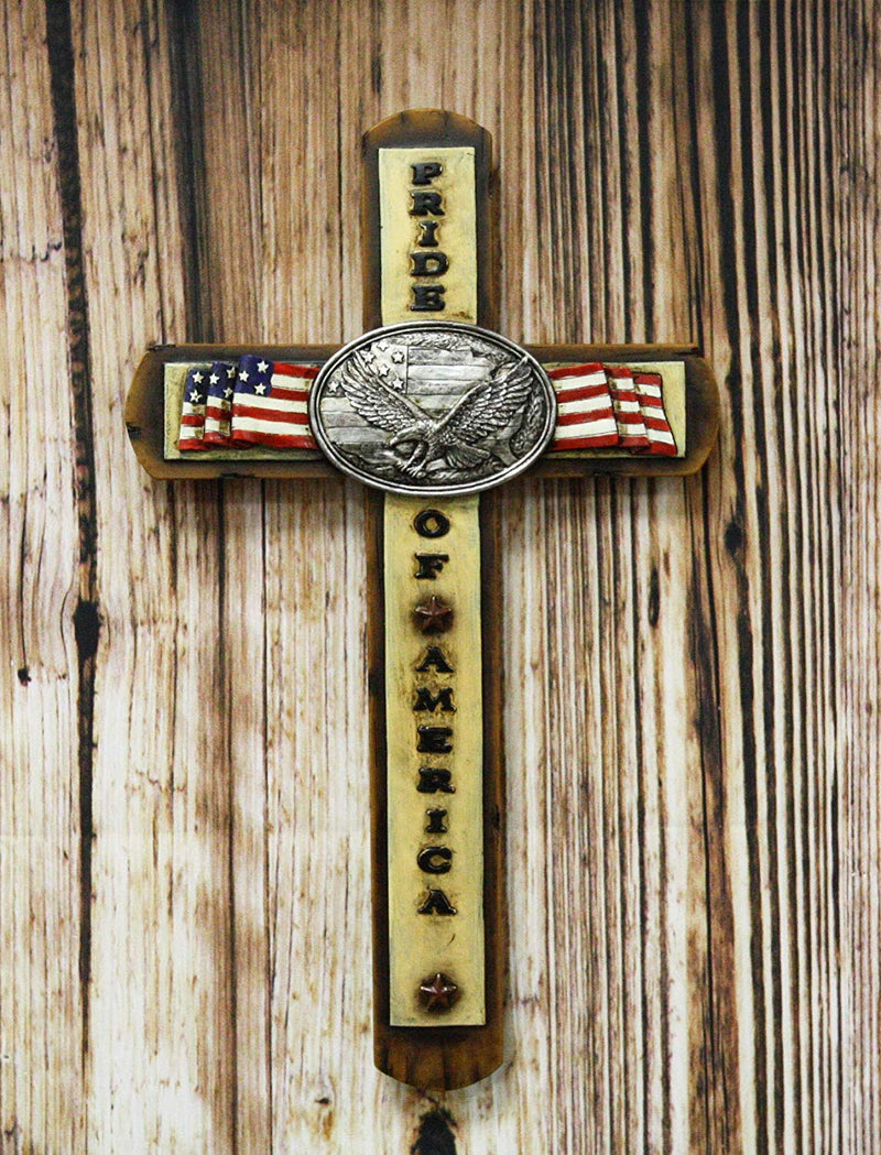 Ebros Gift Rustic Western Patriotic USA Flag With Silver Bald Eagle Emblem Pride Of America Wall Cross Decor Plaque Hanging Sculpture In Faux Wood 13.75"H Accent Decorative Crosses