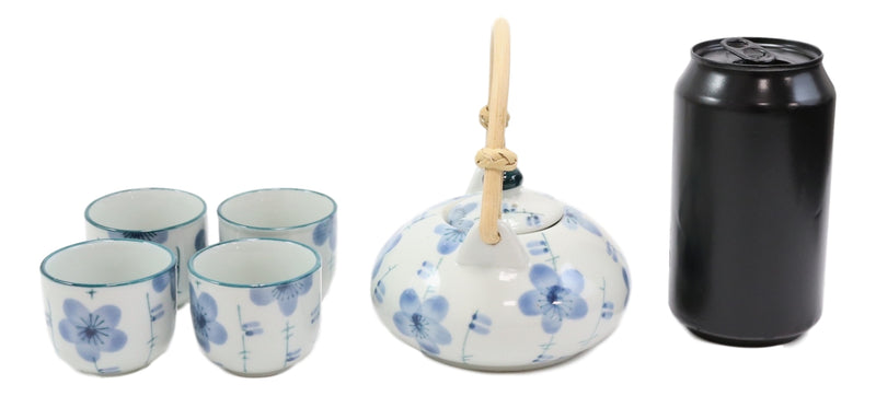 Blue Japanese Cherry Blossom Flowers Design Porcelain Tea Pot And 4 Cups Set