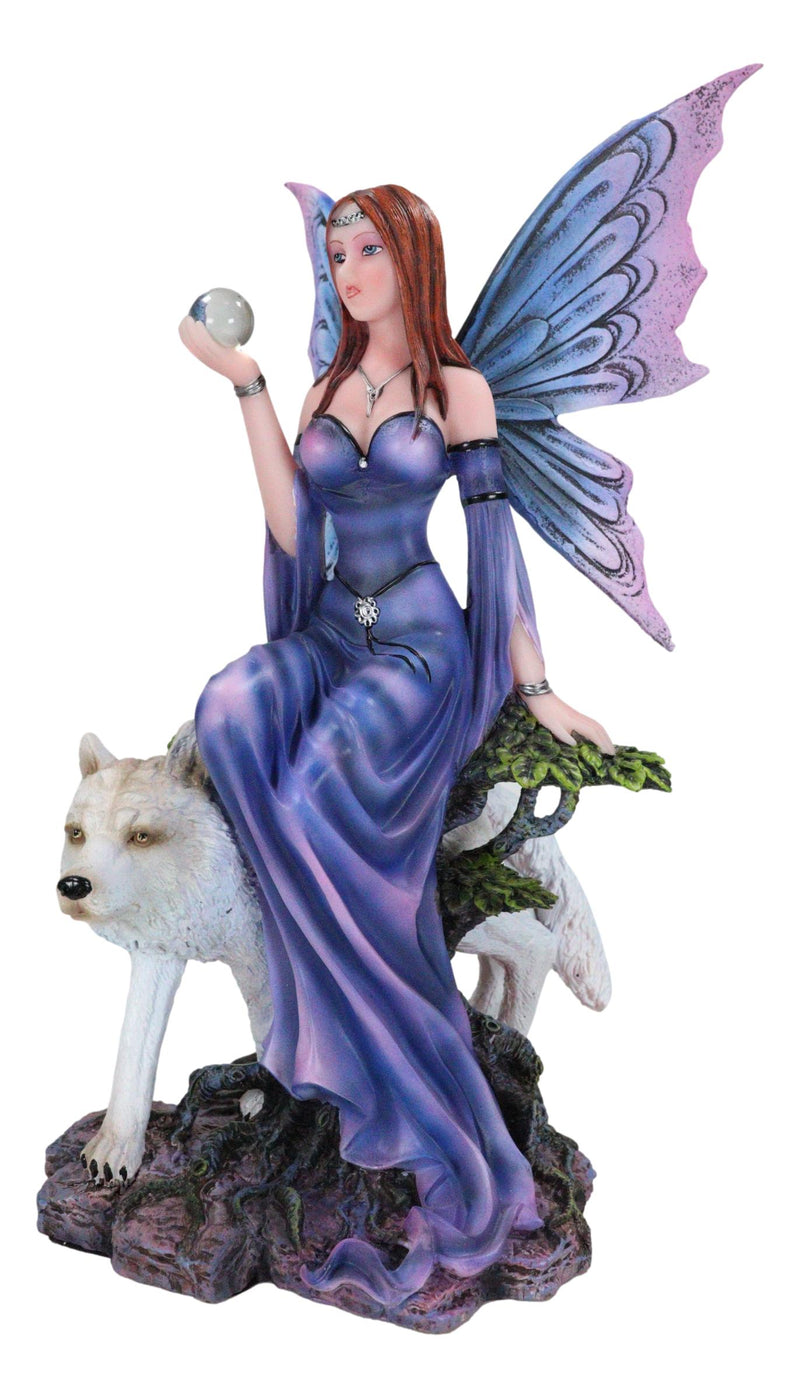 Purple Pearl Wishing Fairy On Tree Of Life With Giant Winter Snow Wolf Figurine