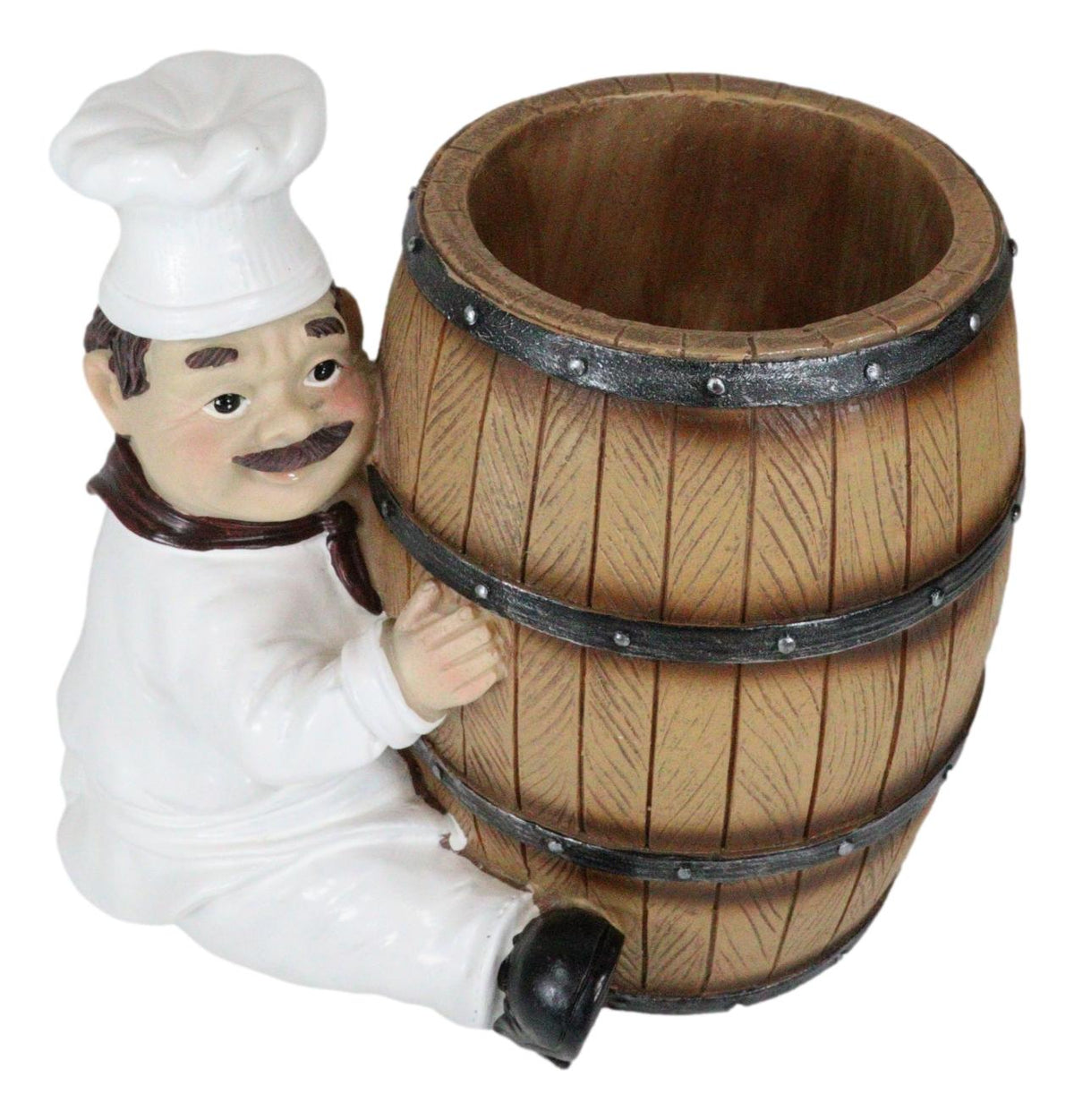 Iron Chef Jean Hugging Wooden Old Fashioned Wine Barrel Kitchen Utensil Holder