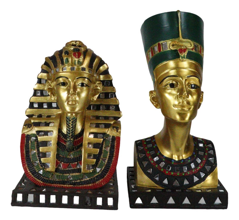 Ebros Golden Mask of Egypt Pharaoh King TUT and Queen Nefertiti Statue Set of 2