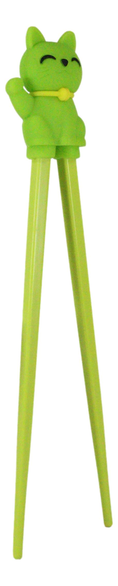 Green Maneki Neko Lucky Cat Reusable Training Chopsticks Set W/ Silicone Helper - Ebros Gift