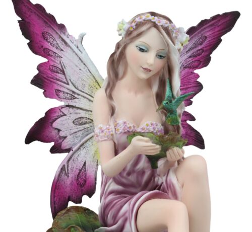 Mysterious Water Lagoon Purple Fairy With Hummingbird Statue 9"H Garden Fairies