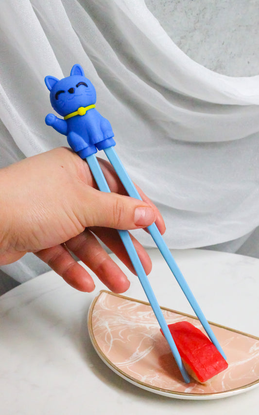 Ebros Blue Maneki Neko Cat Reusable Training Chopsticks Set With Silicone Helper - Ebros Gift