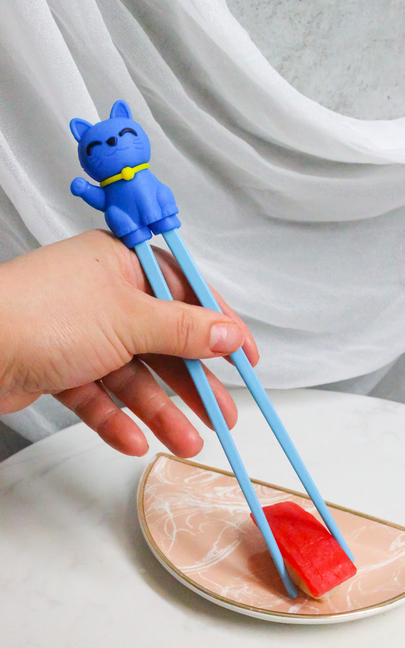 Ebros Blue Maneki Neko Cat Reusable Training Chopsticks Set With Silicone Helper