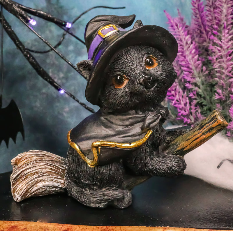 Halloween Black Cat with Witch Hat & Cape Flying On Magical Broomstick Figurine