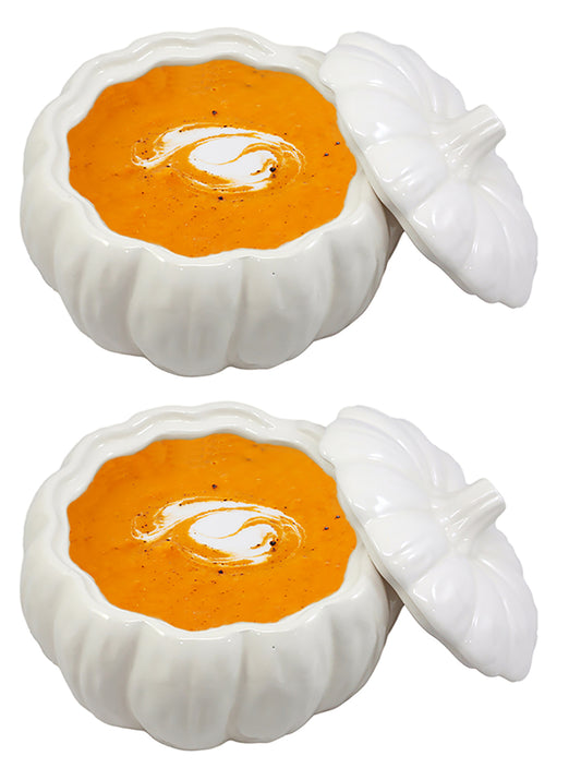 Ebros Ceramic Stoneware White Harvest Pumpkin Bowl With Lid 6"Diameter X 2Pieces