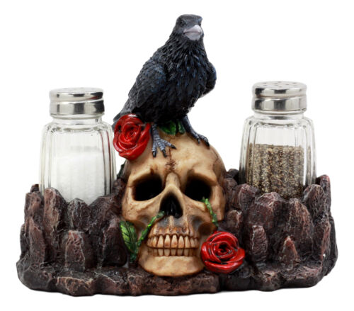 Ebros Day Of The Dead Raven Crow With Rose Skull Salt & Pepper Shakers Holder Figurine Set 6.5"L