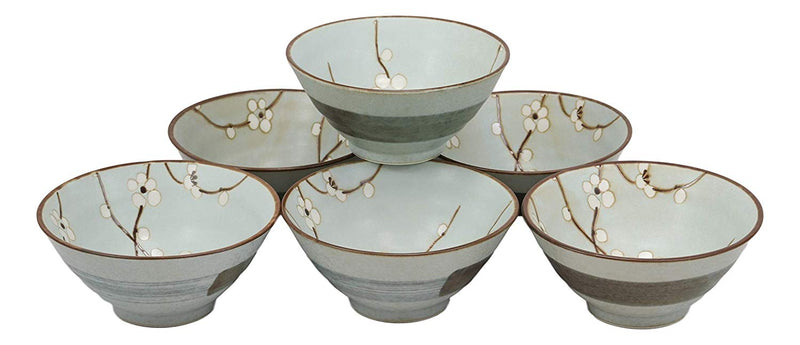 Ebros Gift Made In Japan 5"Dia Light Blue Plum Bowls With Sakura Cherry Blossoms Design 10 oz Rice Soup Salad Appetizer Bowl Set of 6 Kitchen Dining Japanese Chinese Cuisine Restaurant Supply