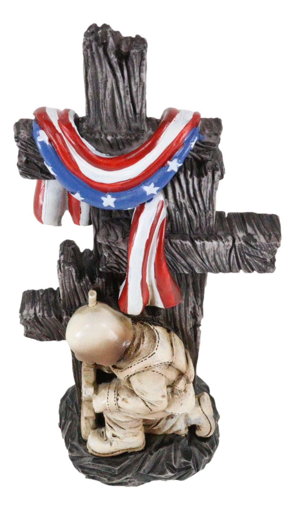 Kneeling Soldier In Prayer By 3 Rugged Crosses American Flag Memorial Figurine - Ebros Gift