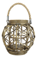 13"H Rustic Farmhouse Brown Woven Rattan Candle Lantern with Jute Rope Handle