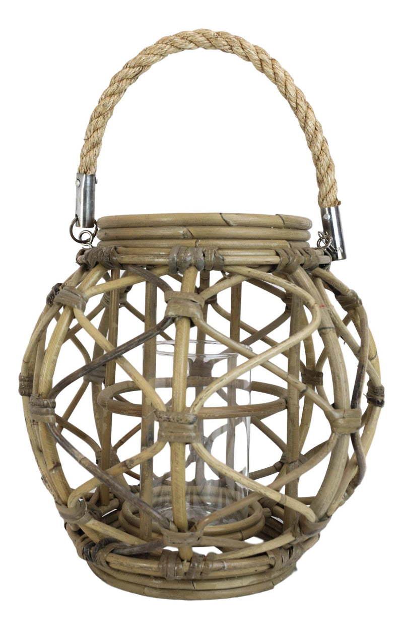 13"H Rustic Farmhouse Brown Woven Rattan Candle Lantern with Jute Rope Handle