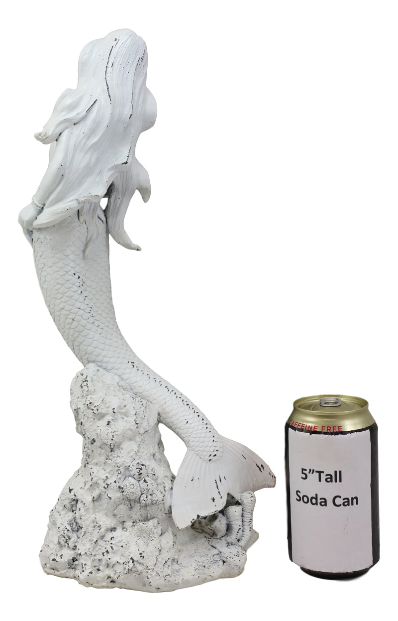 Rustic White Stone Finish Nautical Ariel Mermaid Standing By Coral Reef Figurine