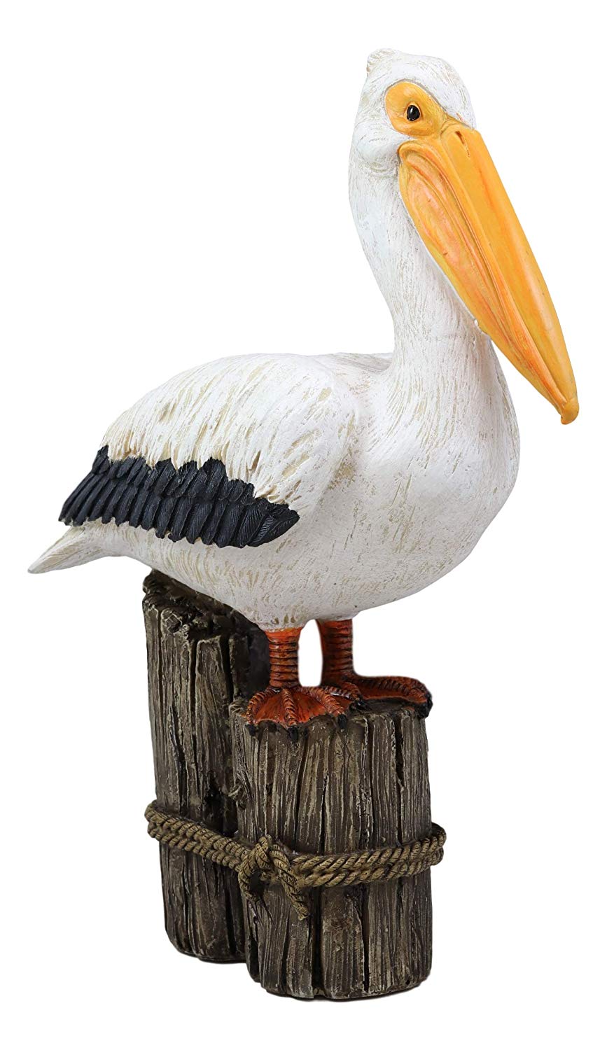 Ebros Gift 12" Tall Ocean Marine Beach Coastal Great White Pelican Perching On Getty Post Statue Home Decor Birds Pelicans Nature As Centerpiece Decorative Sculpture Figurine - Ebros Gift