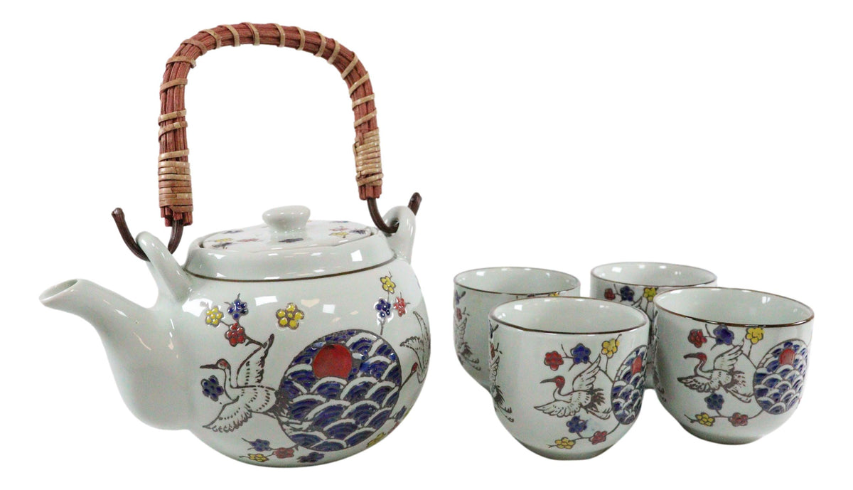 White Storks Cherry Blossom Red Moon Night Sky Ceramic Teapot And 4 Tea Cups Set