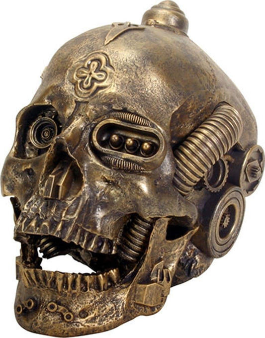 Ebros 6.5 Inch Gold Colored Open Mouthed Machine Skull Head Figurine Decor - Ebros Gift