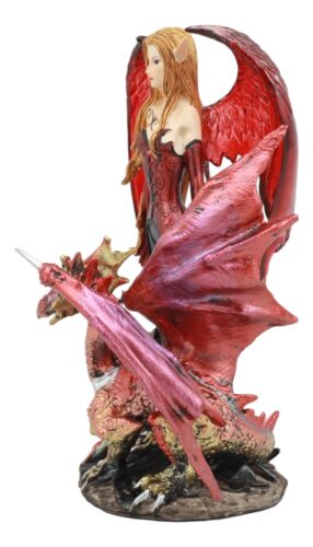Ebros Red Fairy Dragon Figurine 8"H Pixie Fire Fairy W/ Chained Dragon Figurine