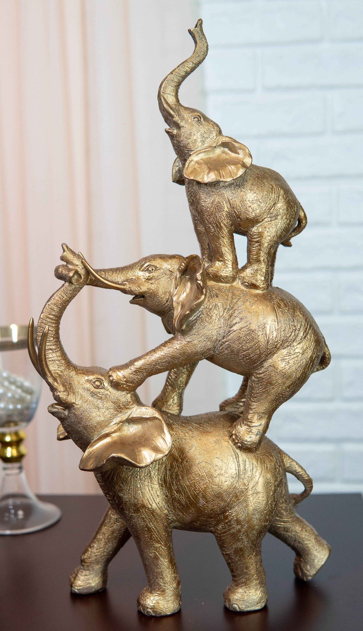 Golden Stacked Balancing Acrobatic Circus African Elephants Family Statue 15"H - Ebros Gift