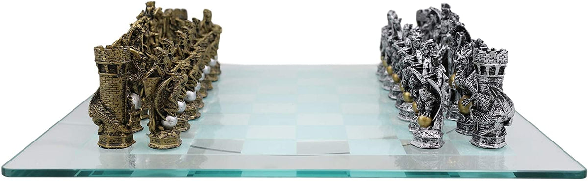 Ebros Silver and Gold King Arthur Merlin Dragons Chess Pieces with Board Set - Ebros Gift