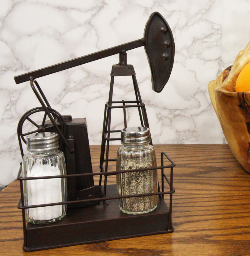 Ebros Vintage Metal Oil Derrick Rig Pump Glass Salt And Pepper Shakers Carrier Holder