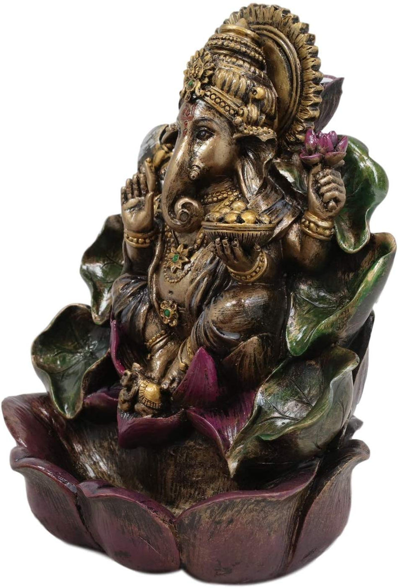 Ebros Hindu Lord Ganesha On Lotus Backflow Cone Incense Burner Statue 6" Tall