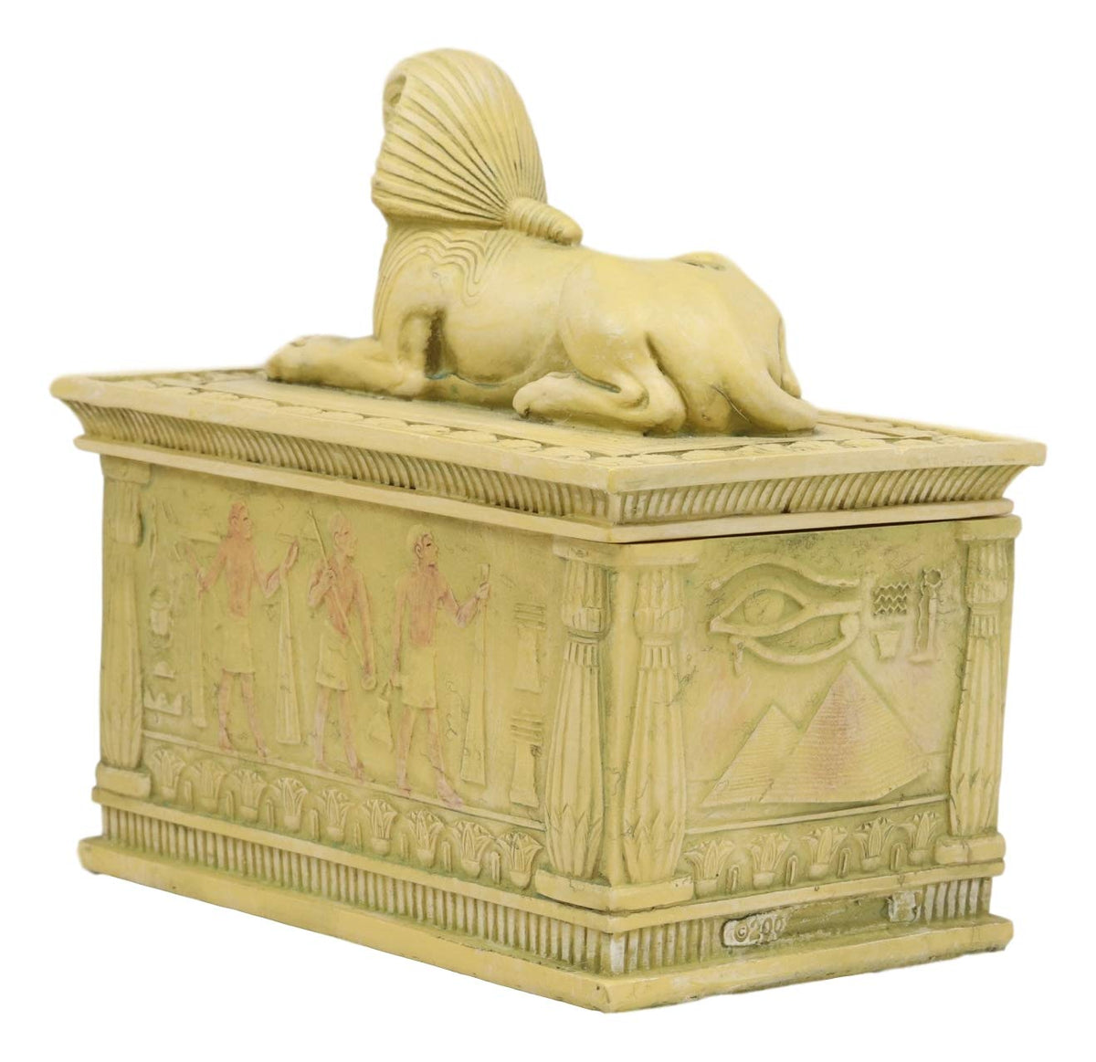 Ebros Egyptian Guardian Sphinx Decorative Rectangular Box in Sandstone Finish 4.25" Long Classical Egypt Monument Androsphinx with Hieroglyphic Deities Jewelry Trinket Box Sculpture - Ebros Gift