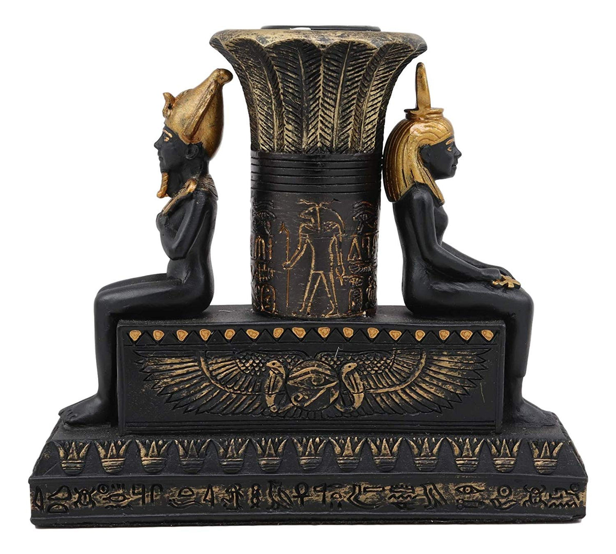 Ebros Ancient Egypt Black and Gold Seated Isis and Osiris Pillar Candle Holder