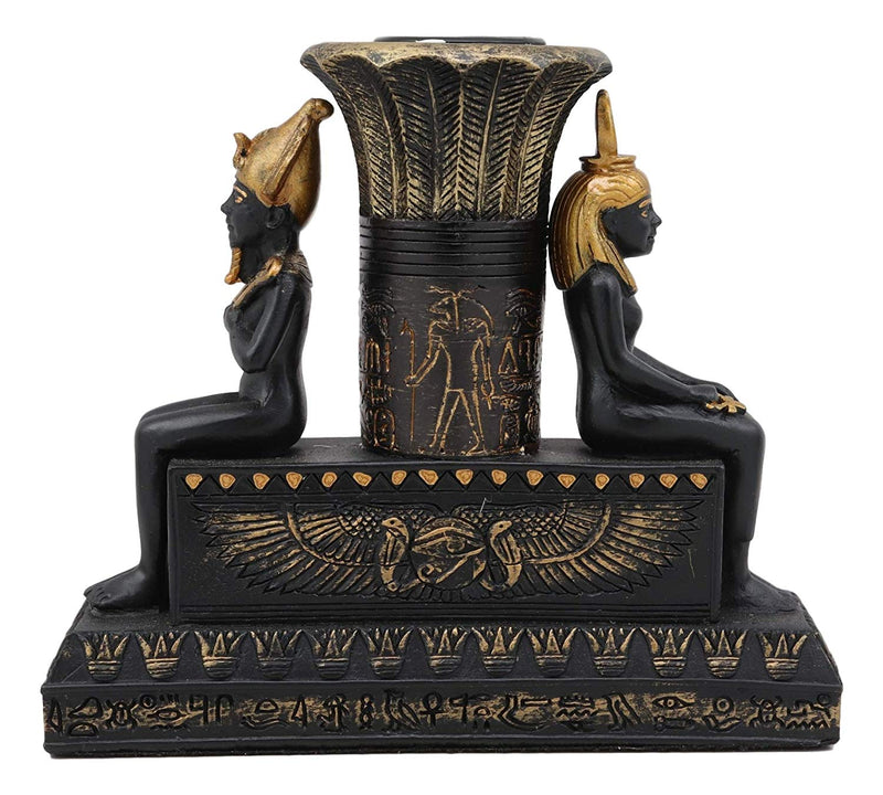 Ebros Ancient Egypt Black and Gold Seated Isis and Osiris Pillar Candle Holder