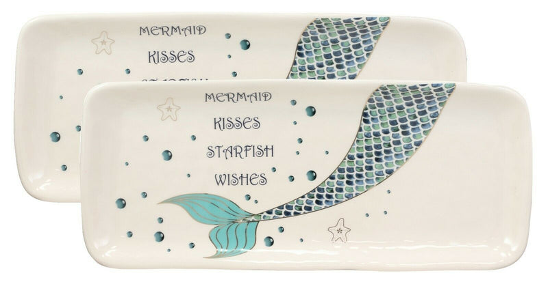 Marine Mermaid Tail Kisses Starfish Wishes Ceramic Serving Platter Tray Set Of 2