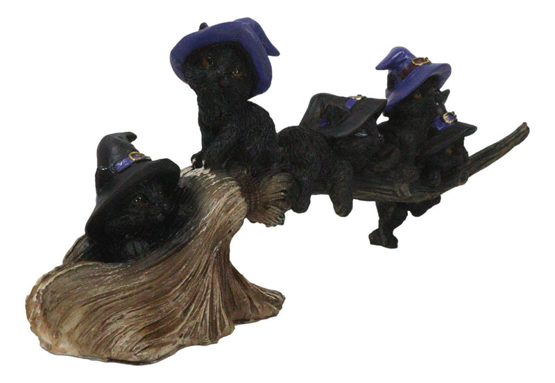 Halloween 5 Black Kitten Cats With Witch Hat Riding Magical Broomstick Figurine