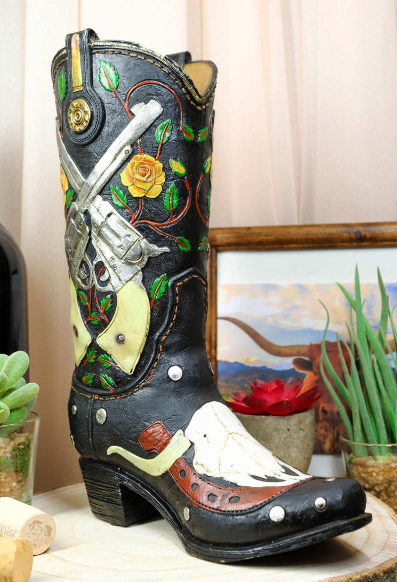 Rustic Western Roses 2 Pistols Horseshoe Cow Skull Cowboy Boot Vase Figurine