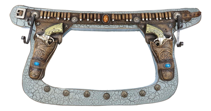 Western Dual Pistols In Holster Faux Tooled Leather Wall Mirror W/ Towel Hooks