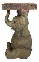 Safari Jungle Baby Calf Elephant Holding Faux Wood Slice Table Stand Figurine