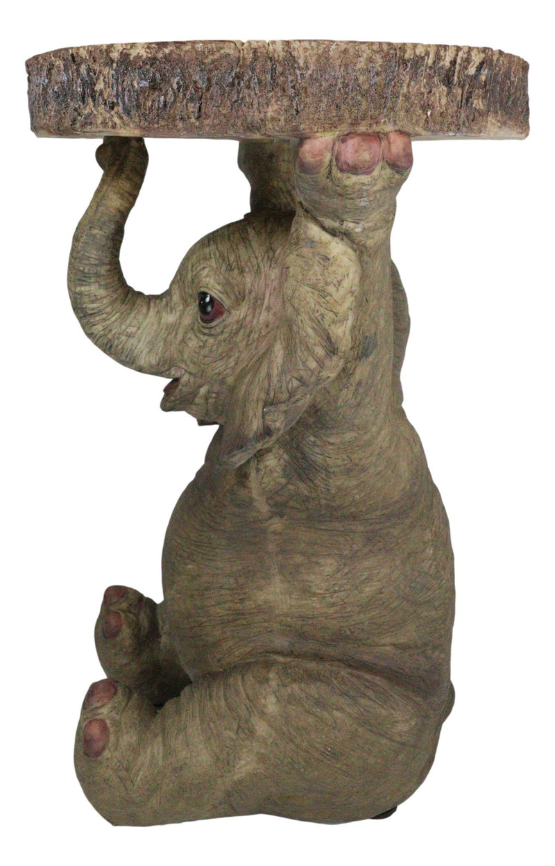 Safari Jungle Baby Calf Elephant Holding Faux Wood Slice Table Stand Figurine