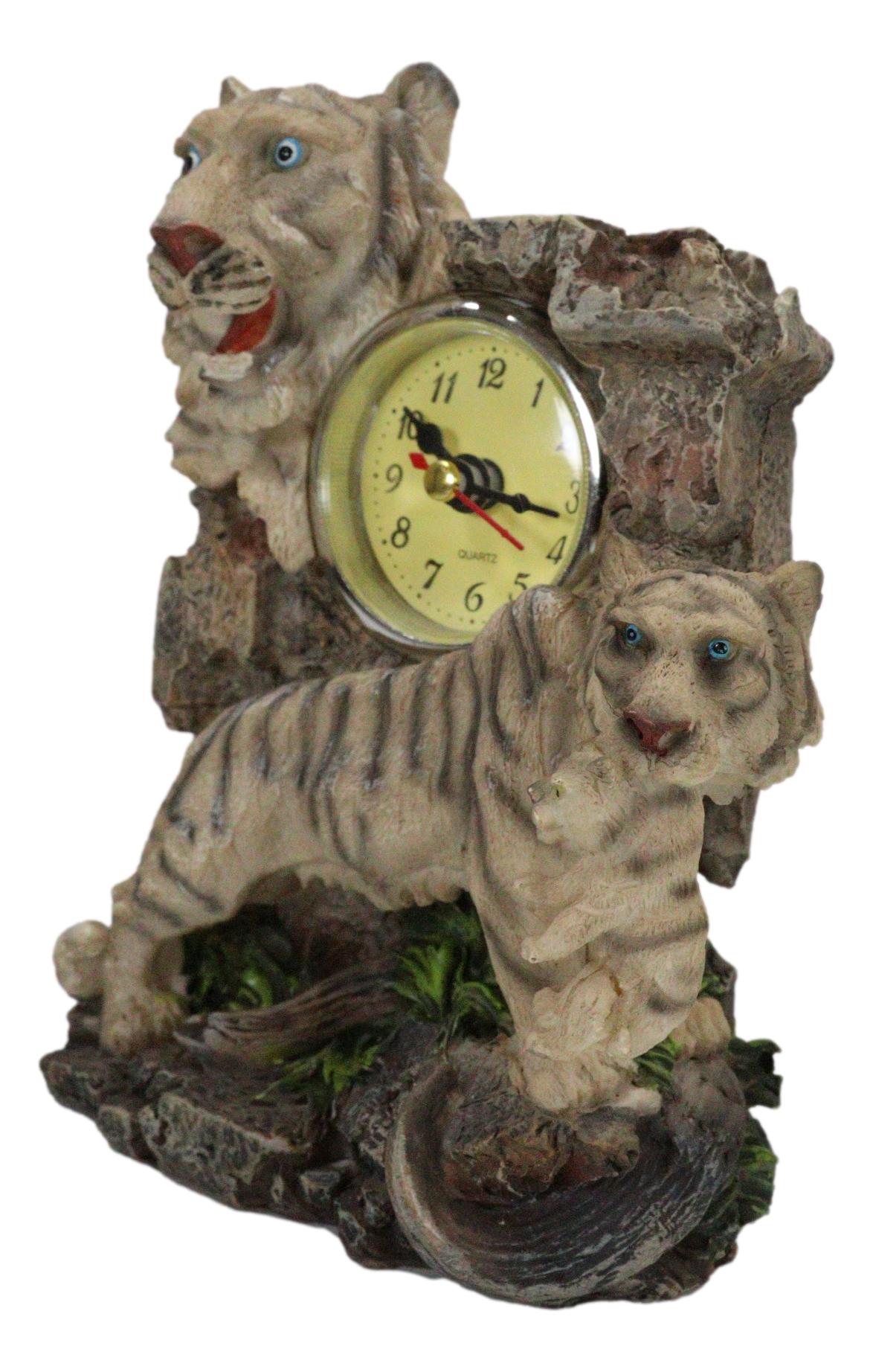 Jungle Rainforest Apex Predator White Tiger And Cub Family Table Clock Figurine